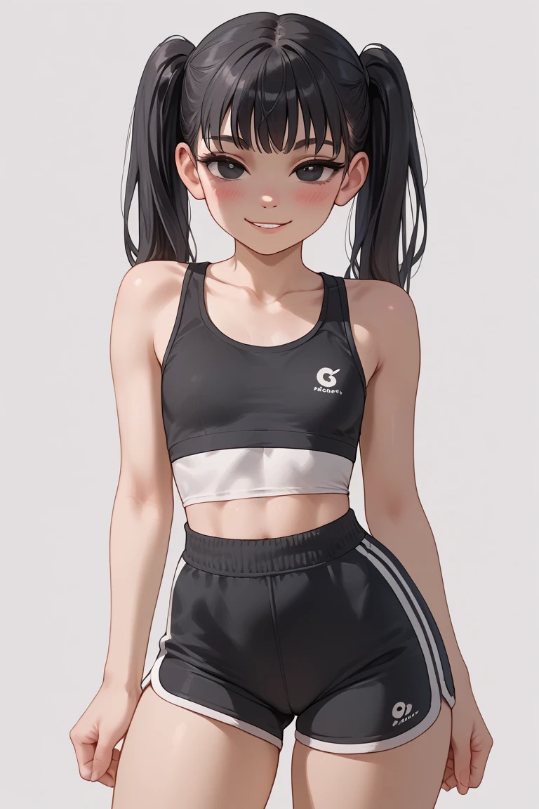 cute, girl, junior high school student, black hair, twin tails, school gym suit, short sleeves, shorts, white socks, small bust, blush, smile, see-nipples