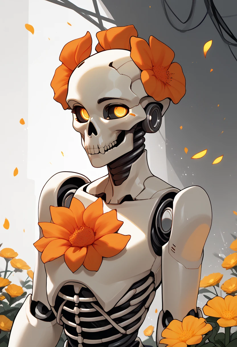 skeleton, flower, orange flower, no humans, yellow flower, glowing, science fiction, petals, robot, solo, skull, ribs, humanoid robot, red flower, upper body, looking at viewer, light particles, s1_dram, zPDXL3, detailxl,  Score_PnyReal,