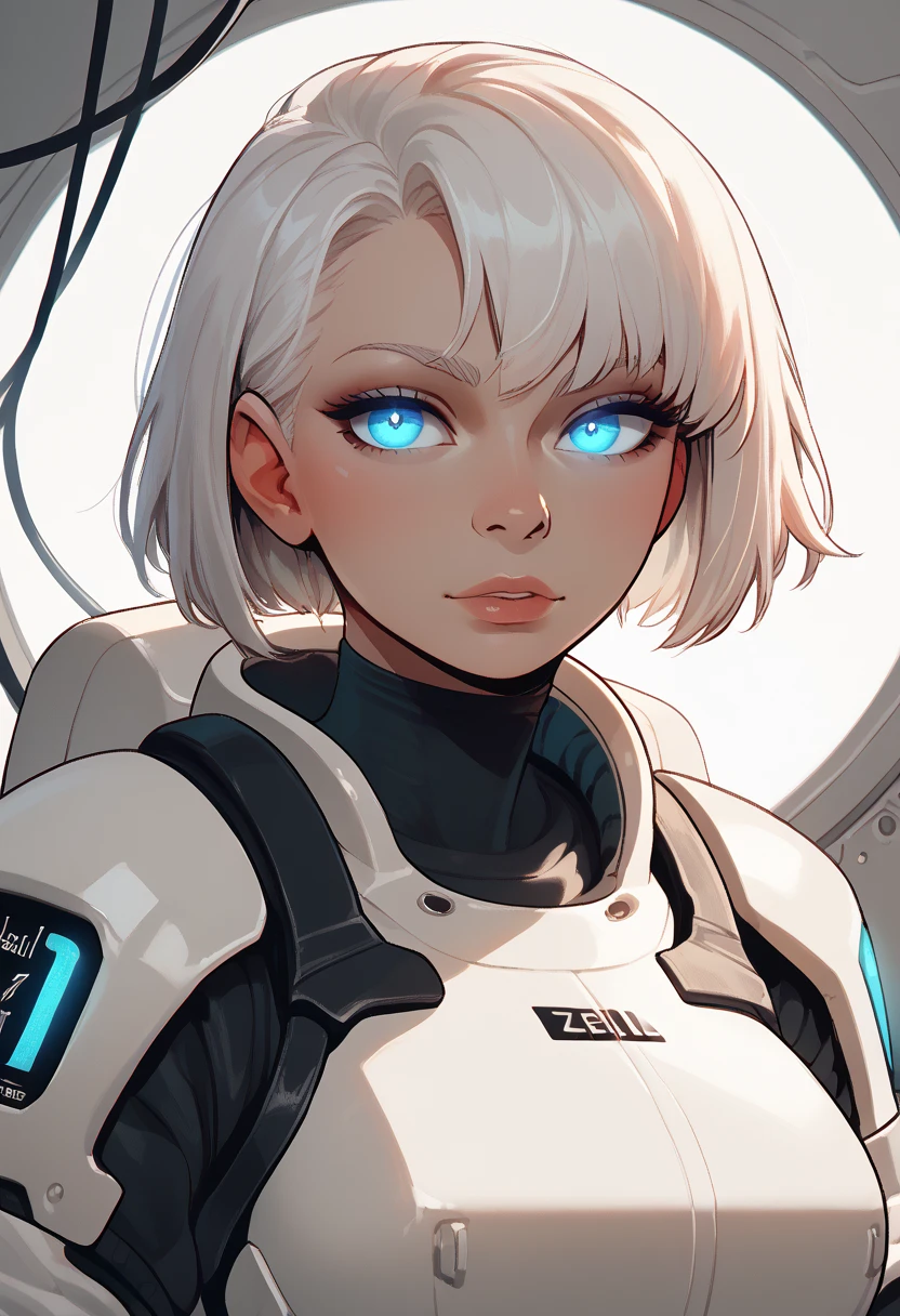 solo, 1girl, white hair, glowing, science fiction, power armor, upper body, short hair, cable, looking at viewer, glowing eyes, blue eyes, armor, spacesuit, tube, s1_dram, zPDXL3, detailxl,  Score_PnyReal,