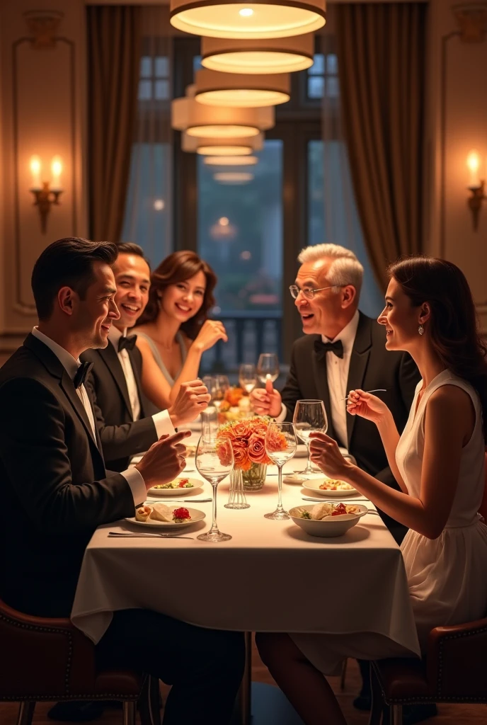 Two men, two women, each in pairs, talking at a table of rich people drinking wine so that all four can be seen 