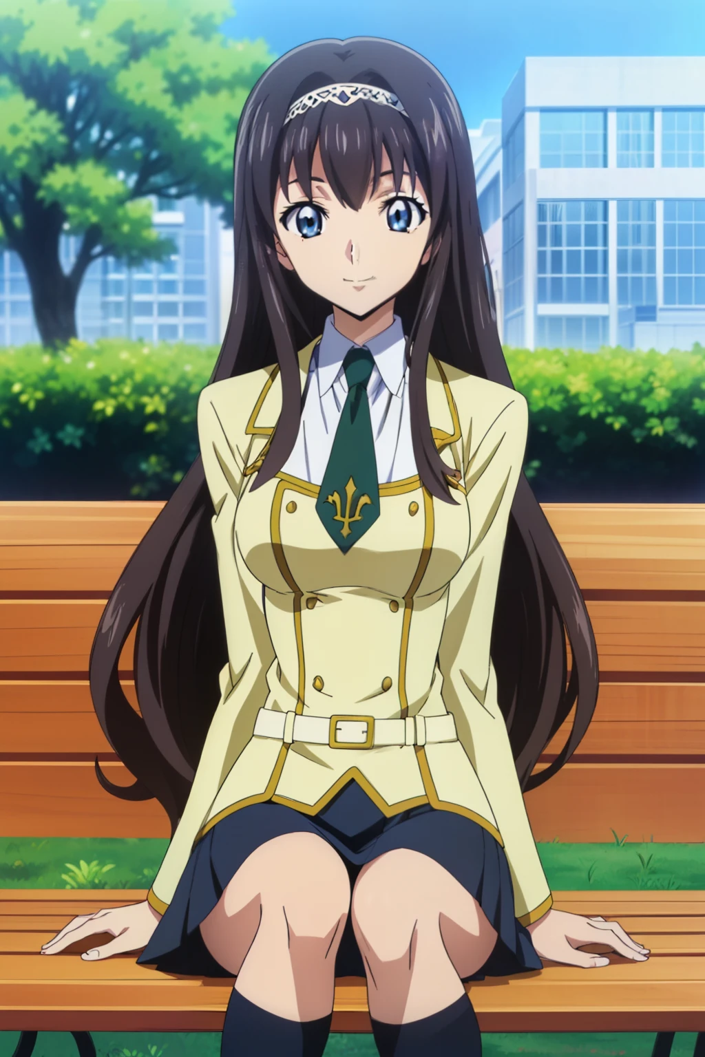 1 girl, cute, black hair, long hair, ((髪band)), (smile), (Sitting on a bench), (School Uniform), (In the school garden), (anime cels style, Masterpiece, best quality, high resolution, anime colored, megami magazine:1.2, anime poster style, anime keyvisual, sharp, 8k, photorealistic), beautiful eyes