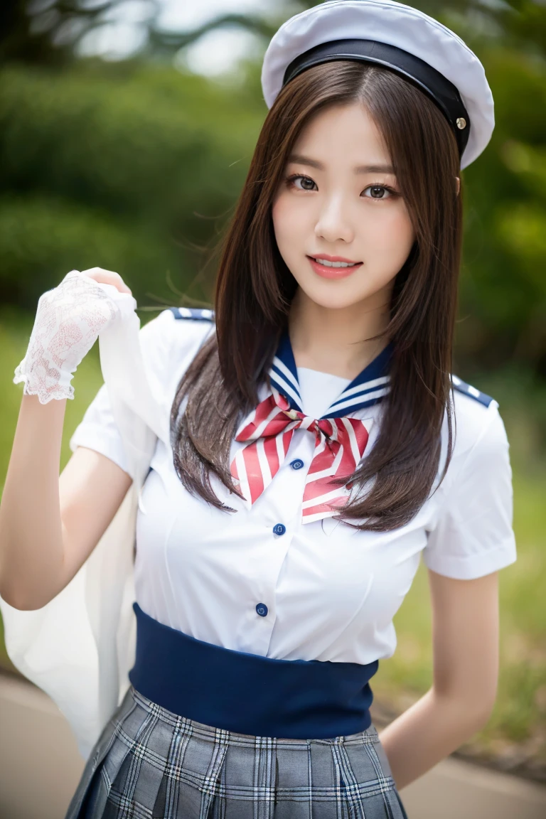 (A stunning Japanese-Korean lady, participating in a in coastal clean-up, picking up plastic waste to keep our beaches, ocean clean & save the Sea-Turtles in Tioman Island. She is wearing a traditional Serafuku, Seifuku, tight white shirt, white blouse button-down, translucent short-sleeve, plaid skirt, form-fitting pleated skirt, red ribbon bow tie, sailor collar, hand gloves, Captain_Planet Cap, 

youthful charms, smooth complexion, beautiful detailed face, beautiful detailed eyes and lips, long eyelashes, slender figure, perfect body proportion, friendly expression, snaggletooth, cute dimples, kind smile, pinkish hair, short straight hair, side ponytail, Curved in Blunt Bob, Asymmetrical Bob, confident & poised demeanor, Looking at viewer, 

Blurred background, Bokeh effect, ultra-detailed,
(best quality, 4k, 8k, high-resolution), 
(masterpiece:1.28), award-winning,
(realistic, photorealistic, photo-realistic:1.37),
HDR, UHD, studio lighting, ultra-fine painting,
sharp focus, physically-based rendering, extreme detail description, professional photography, vivid colors, SFW, Safe for Work, Cowboy Shot, Close-up Shot, High Angle Shot)