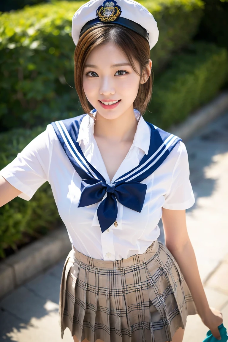 (A stunning Japanese-Korean lady, participating in a in coastal clean-up, picking up plastic waste to keep our beaches, ocean clean & save the Sea-Turtles in Tioman Island. She is wearing a traditional Serafuku, Seifuku, tight white shirt, white blouse button-down, translucent short-sleeve, plaid skirt, form-fitting pleated skirt, red ribbon bow tie, sailor collar, hand gloves, Captain_Planet Cap, 

youthful charms, smooth complexion, beautiful detailed face, beautiful detailed eyes and lips, long eyelashes, slender figure, perfect body proportion, friendly expression, snaggletooth, cute dimples, kind smile, pinkish hair, short straight hair, side ponytail, Curved in Blunt Bob, Asymmetrical Bob, confident & poised demeanor, Looking at viewer, 

Blurred background, Bokeh effect, ultra-detailed,
(best quality, 4k, 8k, high-resolution), 
(masterpiece:1.28), award-winning,
(realistic, photorealistic, photo-realistic:1.37),
HDR, UHD, studio lighting, ultra-fine painting,
sharp focus, physically-based rendering, extreme detail description, professional photography, vivid colors, SFW, Safe for Work, Cowboy Shot, Close-up Shot, High Angle Shot)