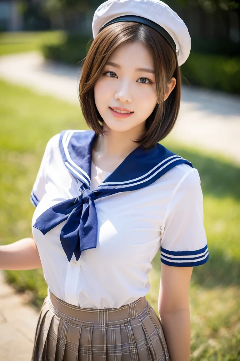 (A stunning Japanese-Korean lady, participating in a in coastal clean-up, picking up plastic waste to keep our beaches, ocean clean & save the Sea-Turtles in Tioman Island. She is wearing a traditional Serafuku, Seifuku, tight white shirt, white blouse button-down, translucent short-sleeve, plaid skirt, form-fitting pleated skirt, red ribbon bow tie, sailor collar, hand gloves, Captain_Planet Cap, 

youthful charms, smooth complexion, beautiful detailed face, beautiful detailed eyes and lips, long eyelashes, slender figure, perfect body proportion, friendly expression, snaggletooth, cute dimples, kind smile, pinkish hair, short straight hair, side ponytail, Curved in Blunt Bob, Asymmetrical Bob, confident & poised demeanor, Looking at viewer, 

Blurred background, Bokeh effect, ultra-detailed,
(best quality, 4k, 8k, high-resolution), 
(masterpiece:1.28), award-winning,
(realistic, photorealistic, photo-realistic:1.37),
HDR, UHD, studio lighting, ultra-fine painting,
sharp focus, physically-based rendering, extreme detail description, professional photography, vivid colors, SFW, Safe for Work, Cowboy Shot, Close-up Shot, High Angle Shot)