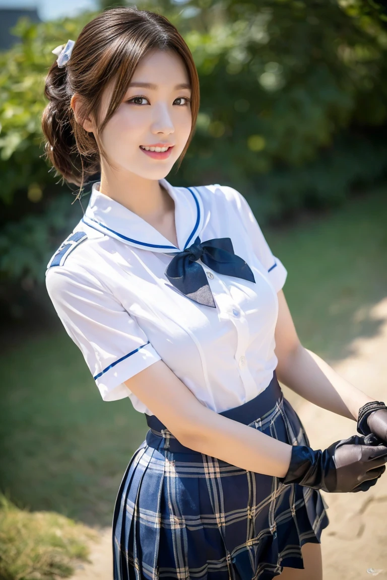 (A stunning Japanese-Korean lady, participating in a in coastal clean-up, picking up plastic waste to keep our beaches, ocean clean & save the Sea-Turtles in Tioman Island. She is wearing a traditional Serafuku, Seifuku, tight white shirt, white blouse button-down, translucent short-sleeve, plaid skirt, form-fitting pleated skirt, red ribbon bow tie, sailor collar, hand gloves, Captain_Planet Cap, 

youthful charms, smooth complexion, beautiful detailed face, beautiful detailed eyes and lips, long eyelashes, slender figure, perfect body proportion, friendly expression, snaggletooth, cute dimples, kind smile, pinkish hair, short straight hair, side ponytail, Curved in Blunt Bob, Asymmetrical Bob, confident & poised demeanor, Looking at viewer, 

Blurred background, Bokeh effect, ultra-detailed,
(best quality, 4k, 8k, high-resolution), 
(masterpiece:1.28), award-winning,
(realistic, photorealistic, photo-realistic:1.37),
HDR, UHD, studio lighting, ultra-fine painting,
sharp focus, physically-based rendering, extreme detail description, professional photography, vivid colors, SFW, Safe for Work, Cowboy Shot, Close-up Shot, High Angle Shot)