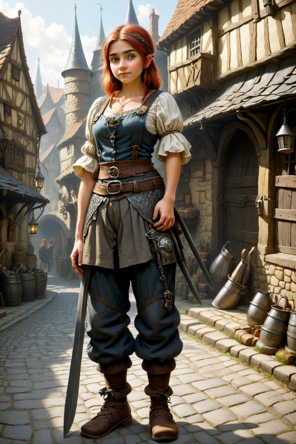 (1gnome ,  short girl ), 28 years old,  full length portrait ,  blacksmith ,  dressed as a medieval , pants, score_9, score_8_up, score_7_up, score_6_up, score_5_up, score_4_up.  with a medieval street in the background.