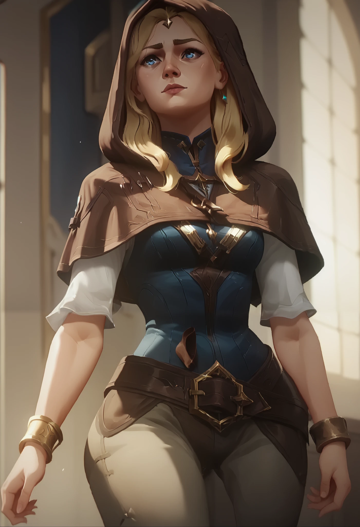 spellthieflux, blonde hair, blue eyes, brown hood, capelet, blue shirt, belt, bracelet, brown pants, wide hips, NSFW