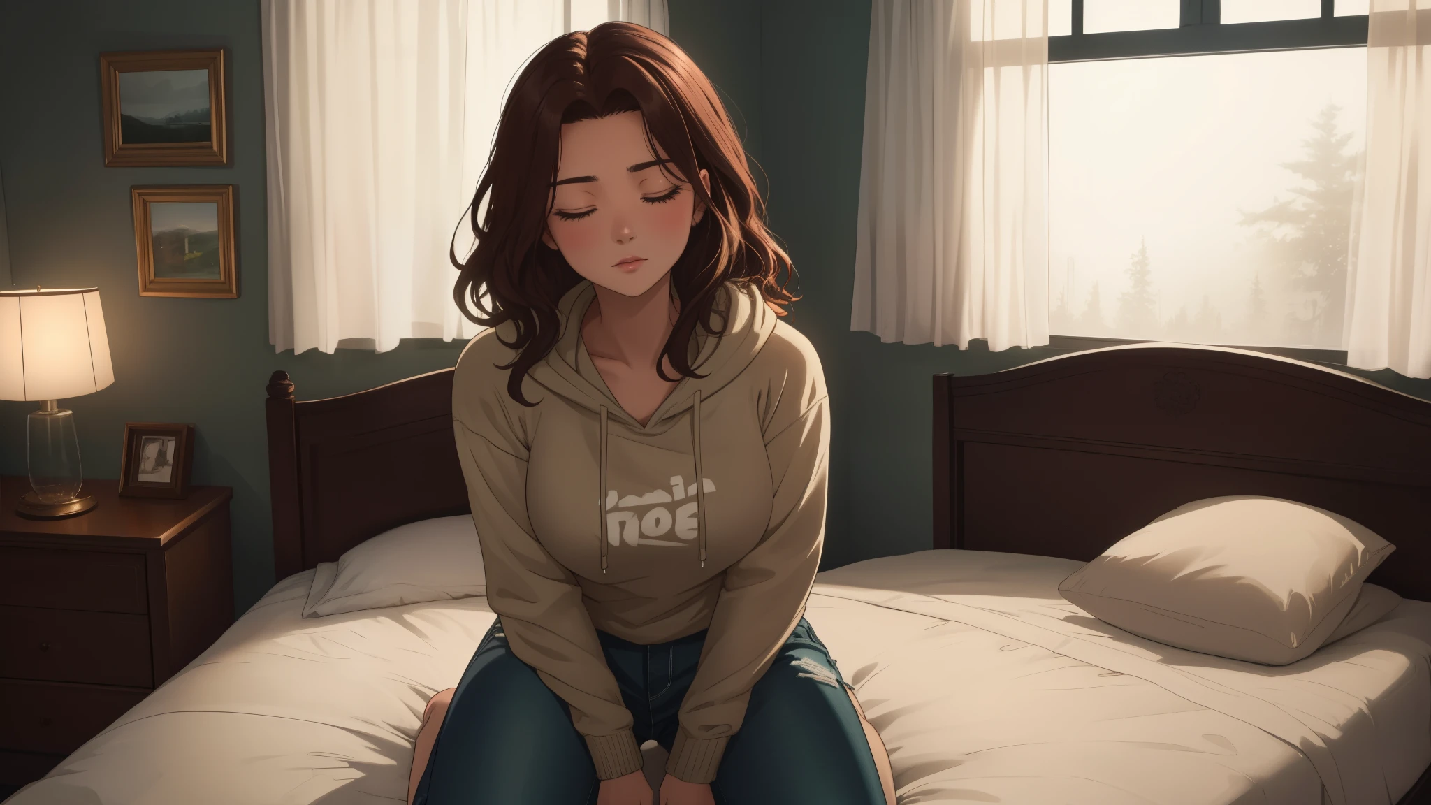 "A cozy and cinematic bedroom with a dark, rainy atmosphere, featuring A woman medium boobs with short wavy auburn hair, wearing a lush cream hoodie and fit jeans, laying on the bed, The room is illuminated by moody neon lights in shades of deep purple and soft green, casting a mysterious and calming glow on the walls. A vintage classic TV is playing static or an old movie, adding a nostalgic touch. Through the large glass window, heavy rain is visible, with water droplets streaming down the glass, creating a serene ambiance. The room features minimalistic furniture, with a comfortable bed and a small nightstand. The scene is rich with detail, evoking a sense of solitude and introspection." camera angle 16 : 9 , Full Body View, Wide Angle.