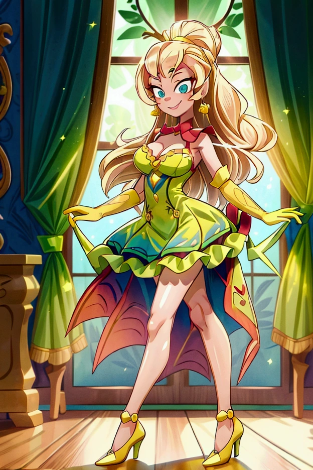 (masterpiece, best quality), 1girl, red and green frill dress, blonde long hair, blue eyes, standing, indoor, intricate detail, sunlight,  green high heel shoes, yellow gloves, earrings, smile, sexy pose, coquette, gorgeous legs, mature woman body, lovely, gorgeous body, pronounced breasts