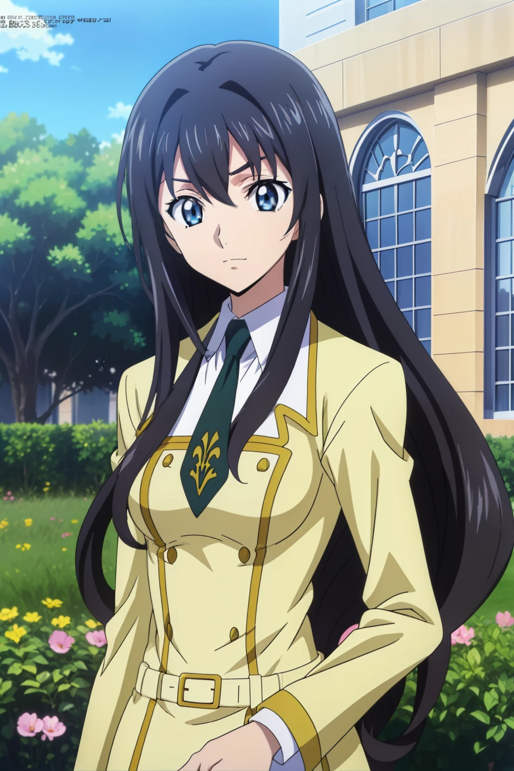 1 girl, cute, black hair, long hair, 髪band, (walking), (School Uniform), (In the school garden), (anime cels style, Masterpiece, best quality, high resolution, anime colored, megami magazine:1.2, anime poster style, anime keyvisual, sharp, 8k, photorealistic), beautiful eyes