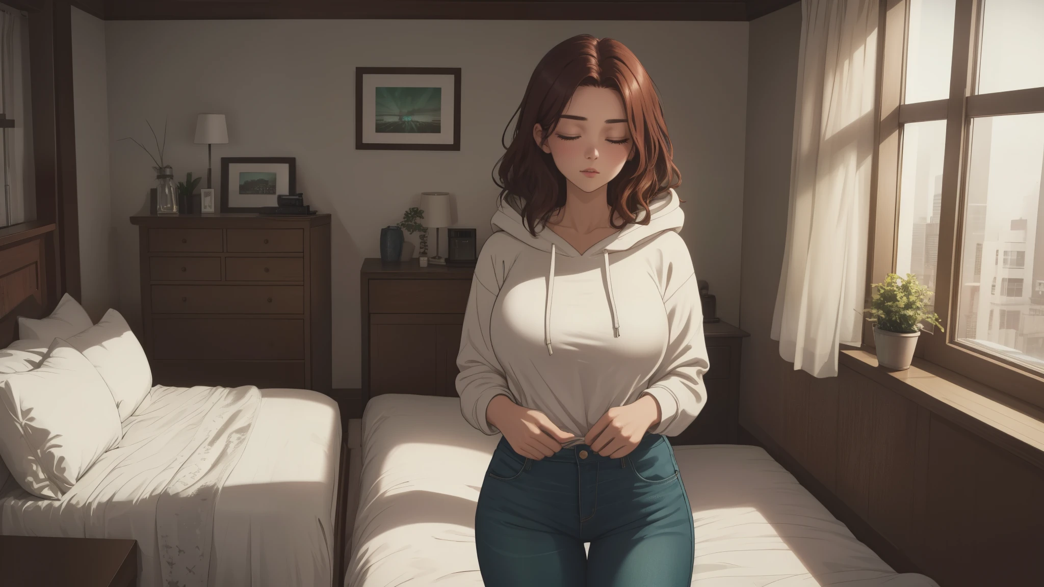 "A cozy and cinematic bedroom with a dark, rainy atmosphere, featuring A woman medium boobs with short wavy auburn hair, wearing a lush cream hoodie and fit jeans, laying on the bed, The room is illuminated by moody neon lights in shades of deep purple and soft green, casting a mysterious and calming glow on the walls. A vintage classic TV is playing static or an old movie, adding a nostalgic touch. Through the large glass window, heavy rain is visible, with water droplets streaming down the glass, creating a serene ambiance. The room features minimalistic furniture, with a comfortable bed and a small nightstand. The scene is rich with detail, evoking a sense of solitude and introspection." camera angle 16 : 9 , Full Body View, Wide Angle.