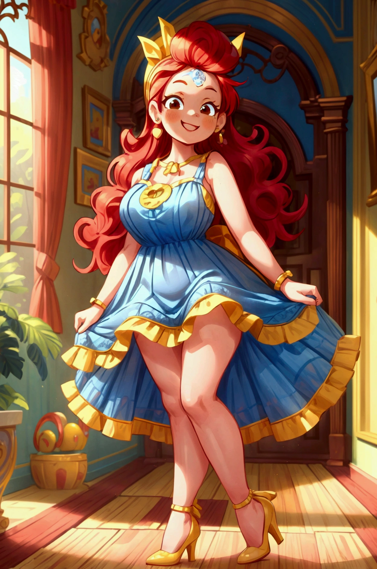 (masterpiece, best quality) (Landscape: standing, indoor, intricate detail, sunlight) (Outfit: blue and yellow frilly dress, red high heel shoes, earrings, headband ) (Body: red hair, brown eyes, big size body, lovely) (Expressions: smiley face, sexy pose, coquette) 
