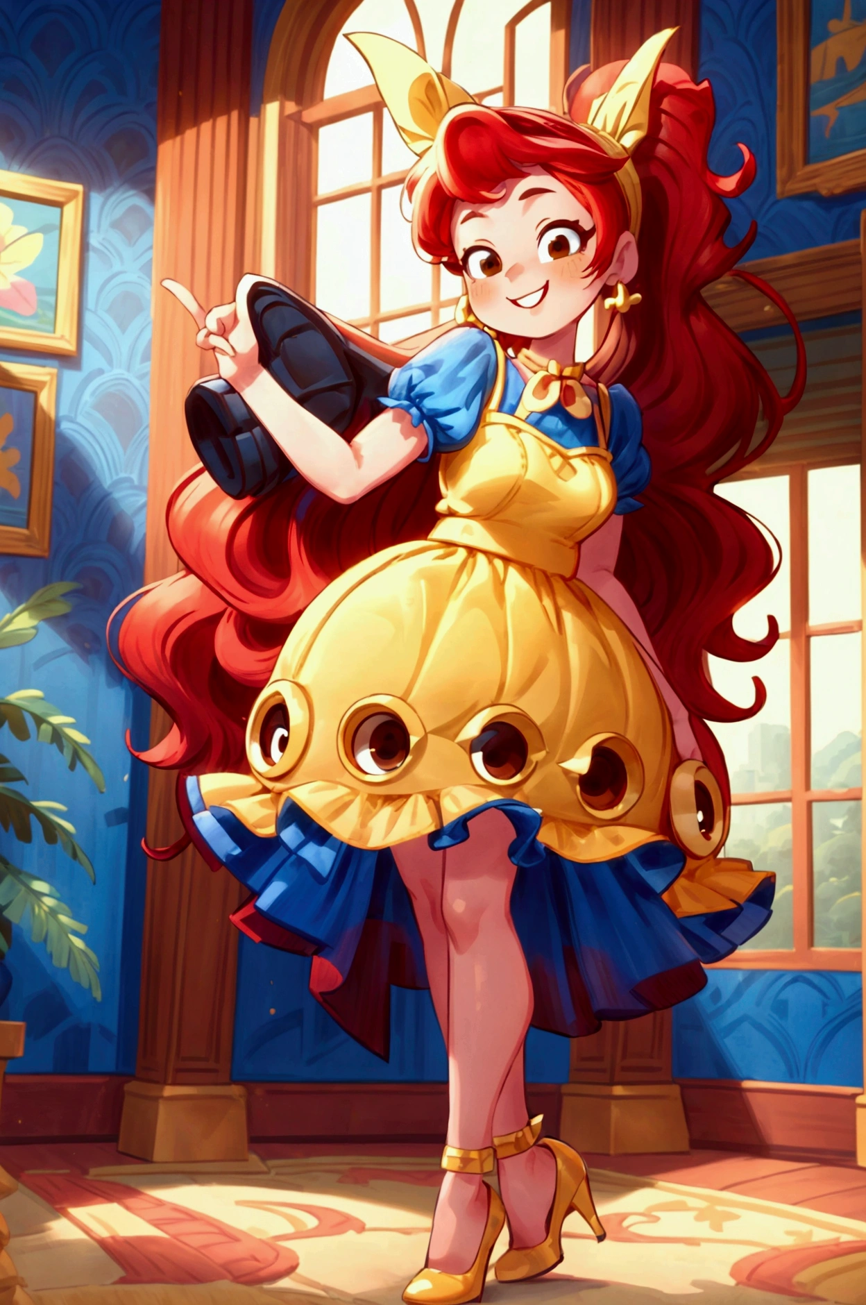 (masterpiece, best quality) (Landscape: standing, indoor, intricate detail, sunlight) (Outfit: blue and yellow frilly dress, red high heel shoes, earrings, headband ) (Body: red hair, brown eyes, big size body, lovely) (Expressions: smiley face, sexy pose, coquette) 
