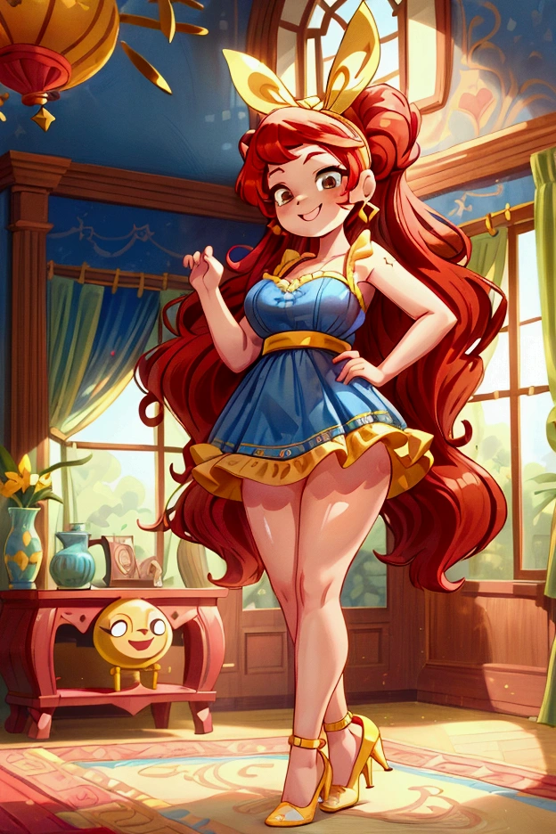 (masterpiece, best quality) (Landscape: standing, indoor, intricate detail, sunlight) (Outfit: blue and yellow frilly dress, red high heel shoes, earrings, headband ) (Body: red hair, brown eyes, big size body, lovely) (Expressions: smiley face, sexy pose, coquette) 
