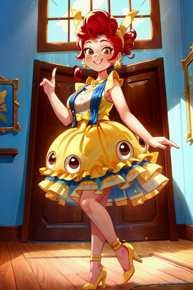 (masterpiece, best quality) (Landscape: standing, indoor, intricate detail, sunlight) (Outfit: blue and yellow frilly dress, red high heel shoes, earrings, headband ) (Body: red hair, brown eyes, big size body, lovely) (Expressions: smiley face, sexy pose, coquette) 
