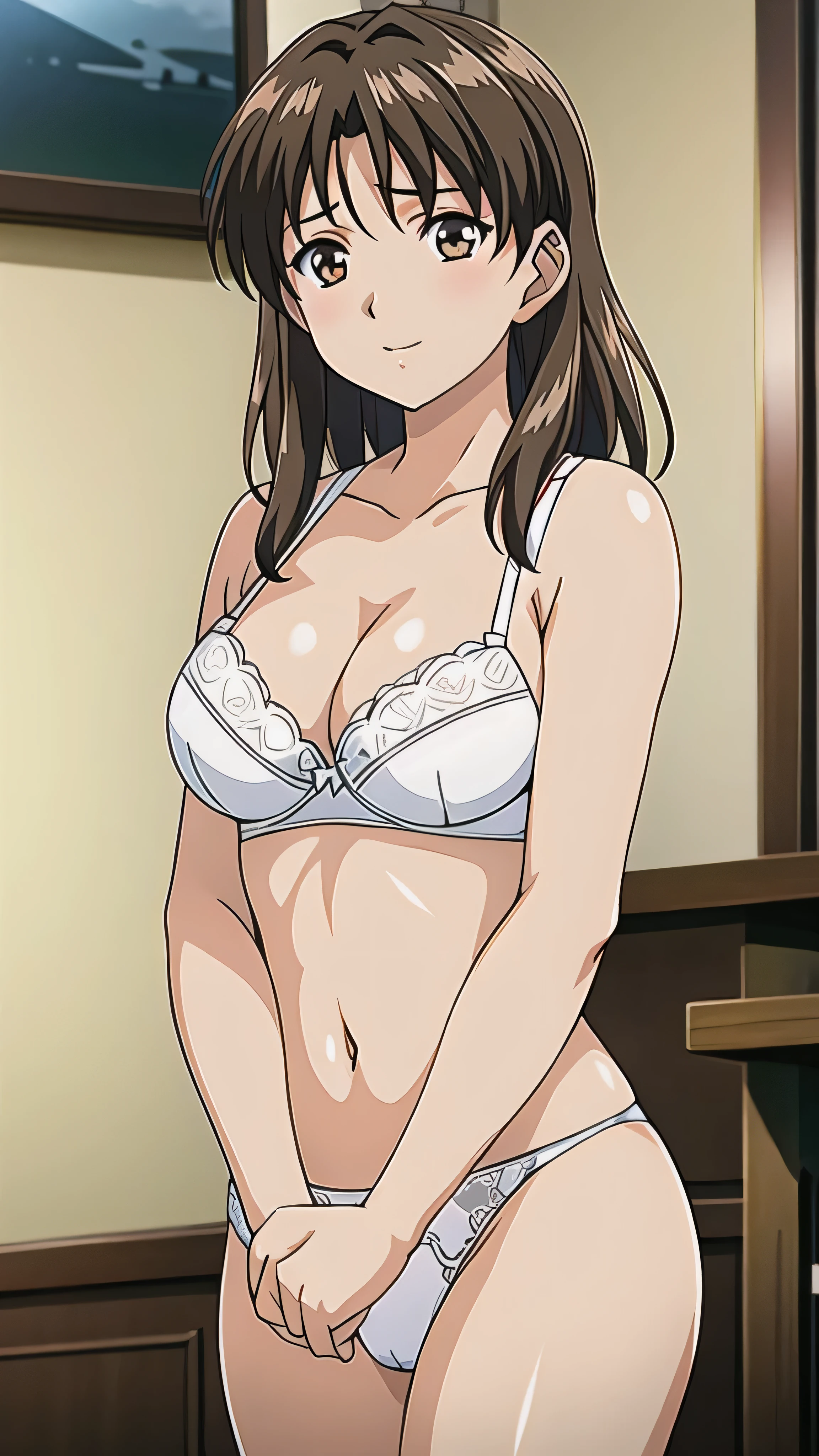 Brown Hair、Long Hair、、悲しいface、Brown Eyes 、 Full Body Style 、 normal breasts、、 narrow waist 、Bare legs、In underwear、、 upper body bra、 white bra、lower body panties ，White ribbon panties，White pumps、 OFFICIAL ART, Extremely Fine CG Unity 8k Wallpaper, full light,  colorful , bright _ Front_face_Lighting,  shiny skin, ( masterpiece:1.0),(Highest_quality:1.0), 超 Hi-Res,4K, Ultra Detailed Photoshoot , 8k,  Hi-Res,  Hi-Res,  absurd:1.2,  Kodak Portra 400,  film grain,  blurry background, Bokeh:1.2,  lens flare , (Vibrant_ color:1.2), Professional photography, Anime Images、