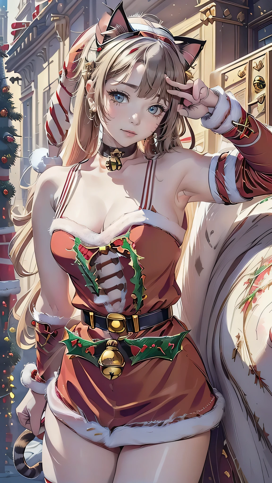 fighting stance,1girl,(ultra detailed skin),curvy,petite,beautiful breasts,large breasts,pale skin,pointy breasts,????? nipples,(fantasy art,Highest image quality,Hyperrealist portrait,(8k),ultra-realistic,best quality, high quality, high definition, high quality texture,high detail,beautiful detailed,fine detailed,extremely detailed cg,detailed texture,a realistic representation of the face,masterpiece,Sense of presence,Dynamic,bold),(thin hair),(soft hair),(straight hair:1.5),Swept long bangs,extra light coppery amber hair,hair over one eye,((clothed:1.5),leather boots,leather gauntlet,(santa dress armor:1.5),(long silk sarong:1.5))),mecha musume,girl