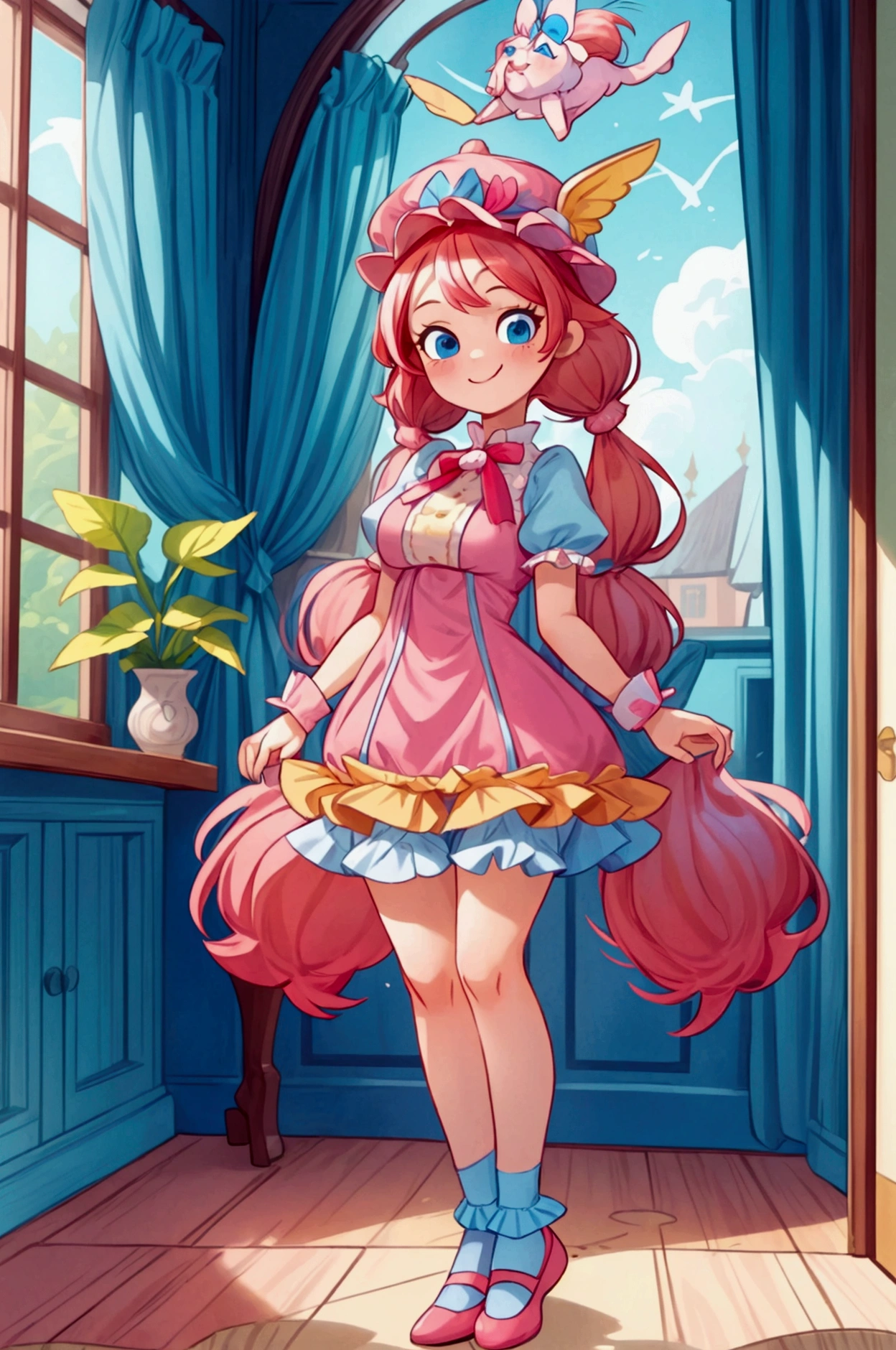 (masterpiece, best quality) 1 girl, standing, indoor, intricate detail, sunlight, yellow frilly dress, (sky blue stockings), pink shoes, long ponytails  red hair, cute dog hat, blue eyes, mischievous look, Sweet smile, sexy pose, coquette, beautiful legs, mature body, gorgeous, pronounced breasts