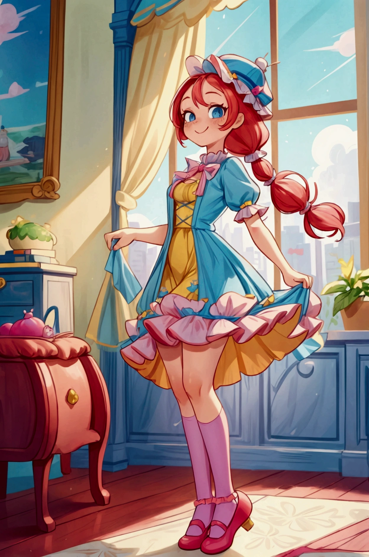 (masterpiece, best quality) 1 girl, standing, indoor, intricate detail, sunlight, yellow frilly dress, (sky blue stockings), pink shoes, long ponytails  red hair, cute dog hat, blue eyes, mischievous look, Sweet smile, sexy pose, coquette, beautiful legs, mature body, gorgeous, pronounced breasts