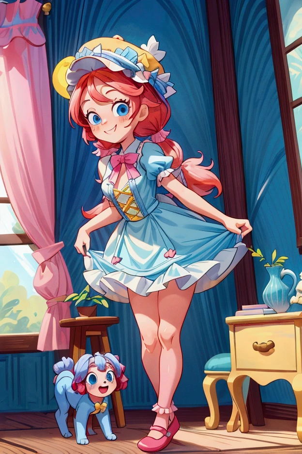 (masterpiece, best quality) 1 girl, standing, indoor, intricate detail, sunlight, yellow frilly dress, (sky blue stockings), pink shoes, long ponytails  red hair, cute dog hat, blue eyes, mischievous look, Sweet smile, sexy pose, coquette, beautiful legs, mature body, gorgeous, pronounced breasts