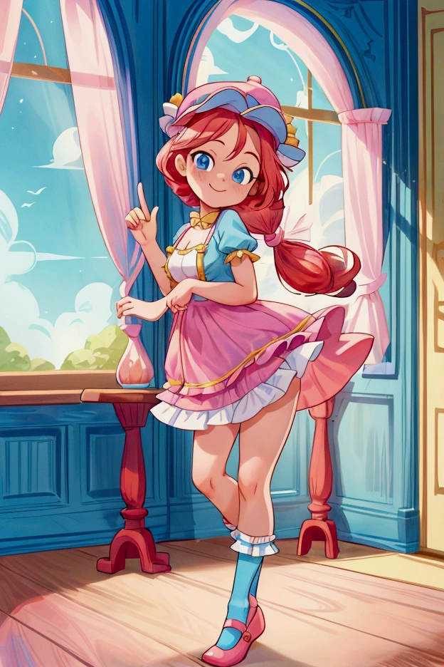 (masterpiece, best quality) 1 girl, standing, indoor, intricate detail, sunlight, yellow frilly dress, (sky blue stockings), pink shoes, long ponytails  red hair, cute dog hat, blue eyes, mischievous look, Sweet smile, sexy pose, coquette, beautiful legs, mature body, gorgeous, pronounced breasts