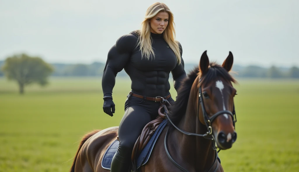 (best quality,ultra-detailed),(realistic:1.37),scene:sexy muscled female barbarian,red long hair,sexy barbarian outfit,six packs,detailed clothes,riding big wolf,scouting plain nearby,medium:oil painting,material:fine canvas,additional details:gorgeous golden accessories,jewelry,leather boots,wolf has piercing blue eyes and sharp teeth,art style:fantasy,colors:rich and vibrant,lighting:soft golden sunlight, (((huge muscles)))