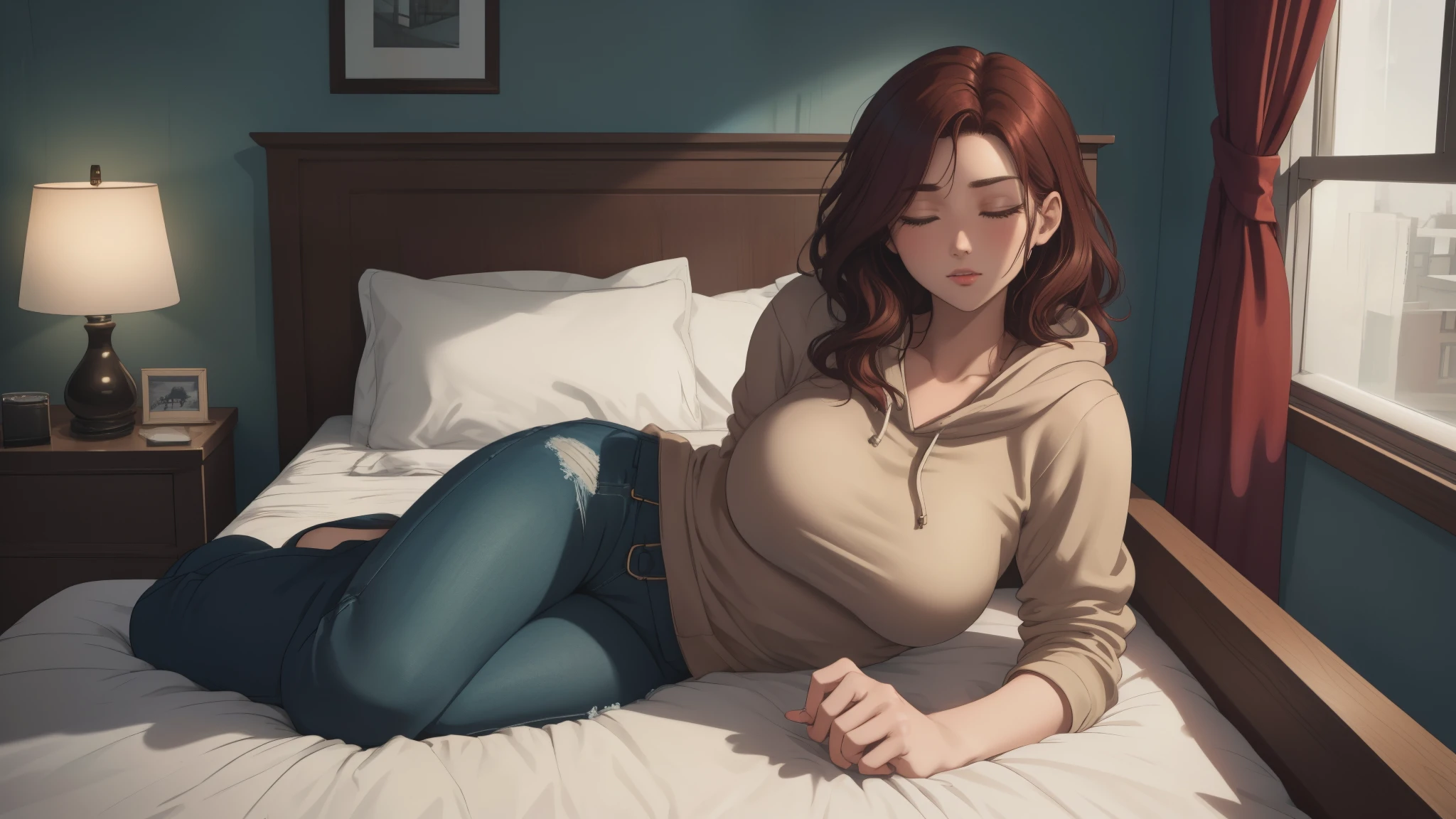 "A cozy and cinematic bedroom with a dark, rainy atmosphere, featuring A woman medium boobs with short wavy auburn hair, wearing a lush red hoodie and fit jeans, laying on the bed, The room is illuminated by moody neon lights in shades of deep purple and soft green, casting a mysterious and calming glow on the walls. A vintage classic TV is playing static or an old movie, adding a nostalgic touch. Through the large glass window, heavy rain is visible, with water droplets streaming down the glass, creating a serene ambiance. The room features minimalistic furniture, with a comfortable bed and a small nightstand. The scene is rich with detail, evoking a sense of solitude and introspection." camera angle 16 : 9 , Full Body View, Wide Angle.
