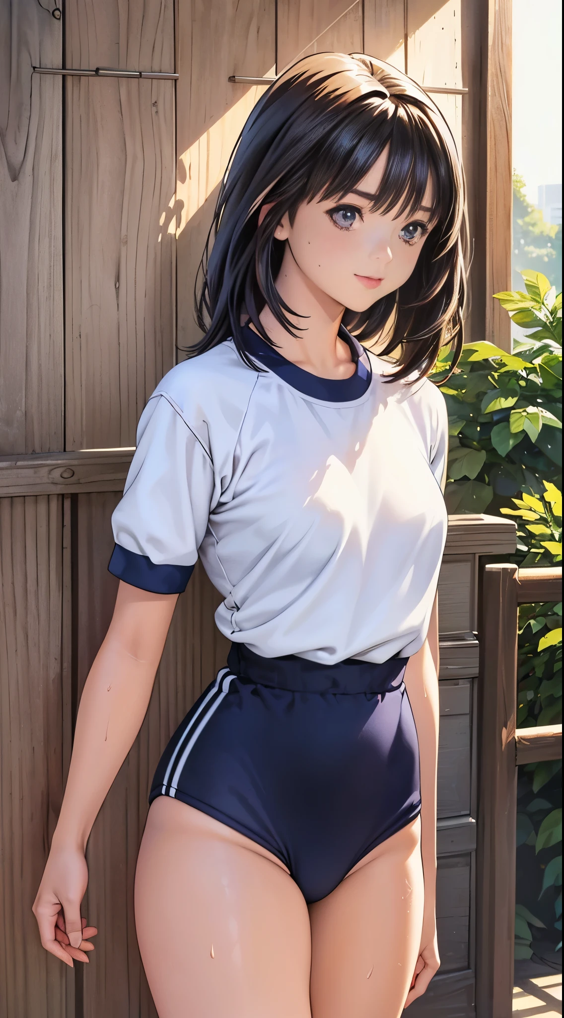 Two high school students、 realistic istic beautiful female student、18 years old、 amazingly beautiful 、smile、 beautiful body、( top quality、8k、32K、masterpiece、:1.3)、 super high resolution ,( realistic :1.4), RAW photo, detailed face ,,Beautiful Hair,, , very short hair 、 very short hair 、 amazingly beautiful 二重まぶた、 Natural Cosmetics ,, Small and perfect breasts, wet hair、 Detailed Background , perfect lighting, written border depth, Beautiful Shadow Gradation 、Thin limbs、 thin thighs 、(whole body)、(Bloomers , Bloomers ー(Old Japanese gym attire))、Beautiful slim perfect body、Beautiful tall nose、Side View、 middle of chest、 Sweaty 、( Yoshizuki Iori)、Schoolyard