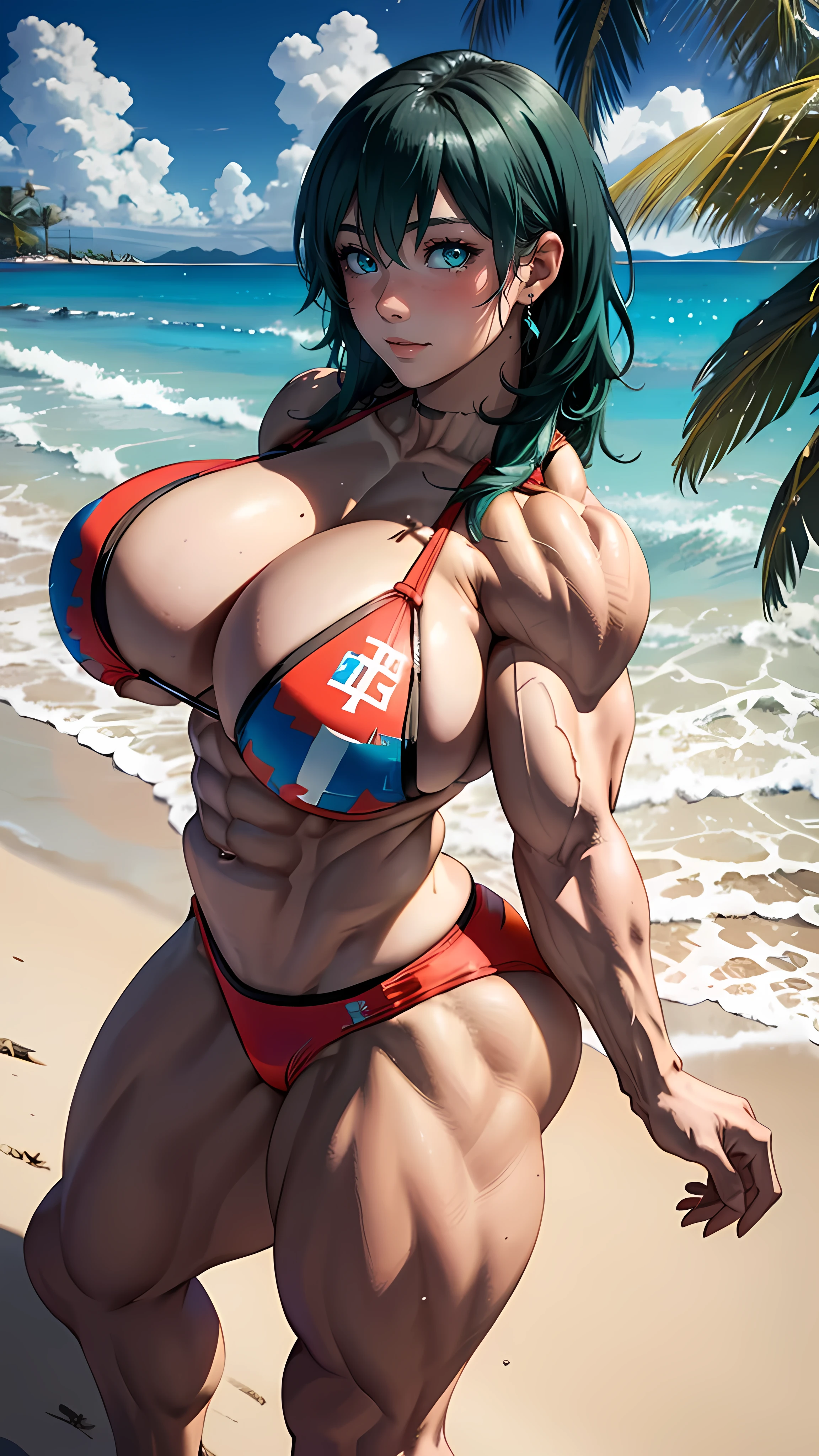 masterpiece, best quality, highres, high quality, collage, perfect image, lying down on sand, island, beach, ocean background, tropical island, summer,1girl, fem_byleth, (((NSFW POSE))), (((MASSIVE FEMALE BODYBUILDER:1.4))), dark green hair, red bikini, red mini skirt, abs, long legs, underboob, ((((HUGE BREASTS)))), detailed hands, 