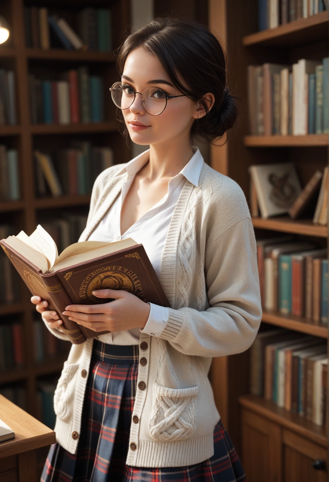 A stylized 3D illustration of a warm and friendly female teacher figure. She has short, dark hair, wears round glasses, and is holding a stack of books in one hand and a single book in the other. She’s dressed in a white blouse, a brown cardigan, and a plaid skirt. The overall atmosphere is bright and inviting, with soft lighting and a clean, minimalistic background. The style should be smooth, cute, and modern, like a charming educational mascot.