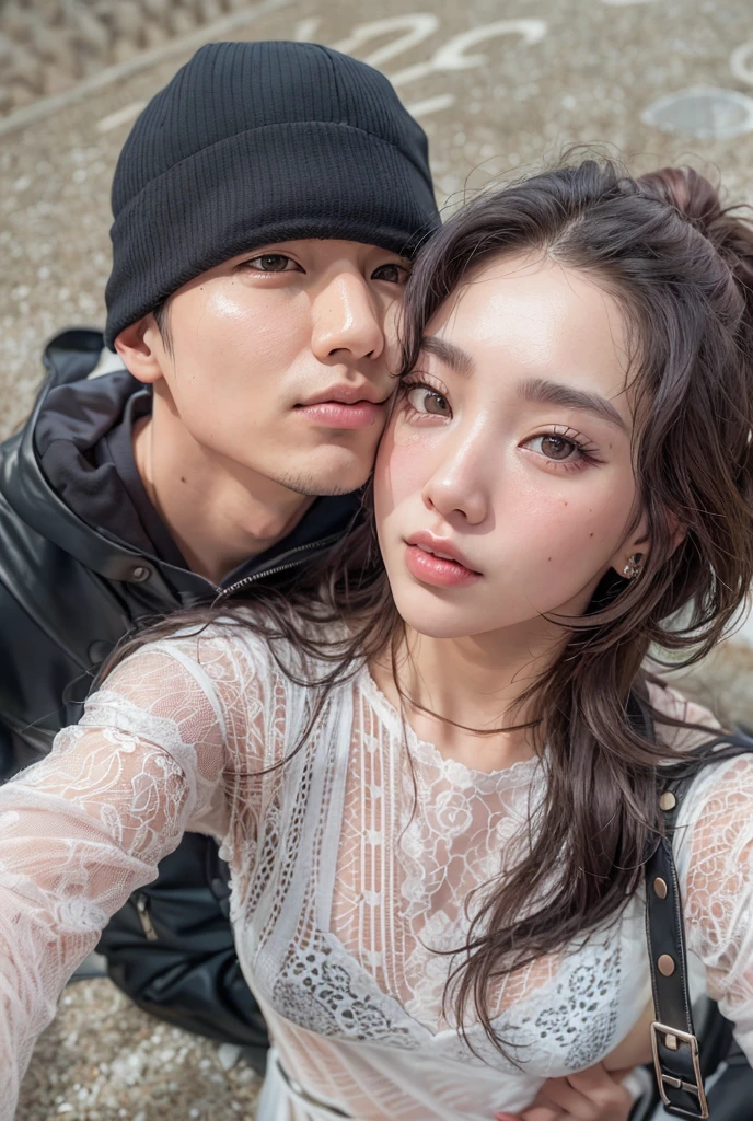 there is a man and woman taking a selfie in the street, Ulzzang, & Jeehyung Lee & uau, Jinyoung Shin, imagem de perfil, imagem vazada, com preto, cai xukun, taejune kim, bae suzy, Yanjun Chengt, Sha Xi, pose de casal, ssao 8k, com hera, fotografia selfie 8k, Kim Doyoung