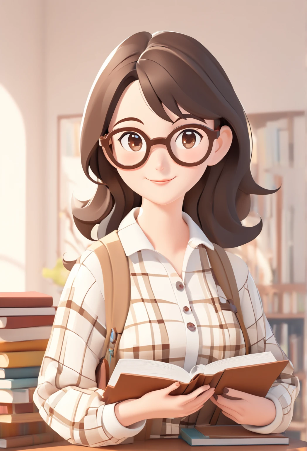 A stylized 3D illustration of a warm and friendly female teacher figure. She has short, dark hair, wears round glasses, and is holding a stack of books in one hand and a single book in the other. She’s dressed in a white blouse, a brown cardigan, and a plaid skirt. The overall atmosphere is bright and inviting, with soft lighting and a clean, minimalistic background. The style should be smooth, cute, and modern, like a charming educational mascot.