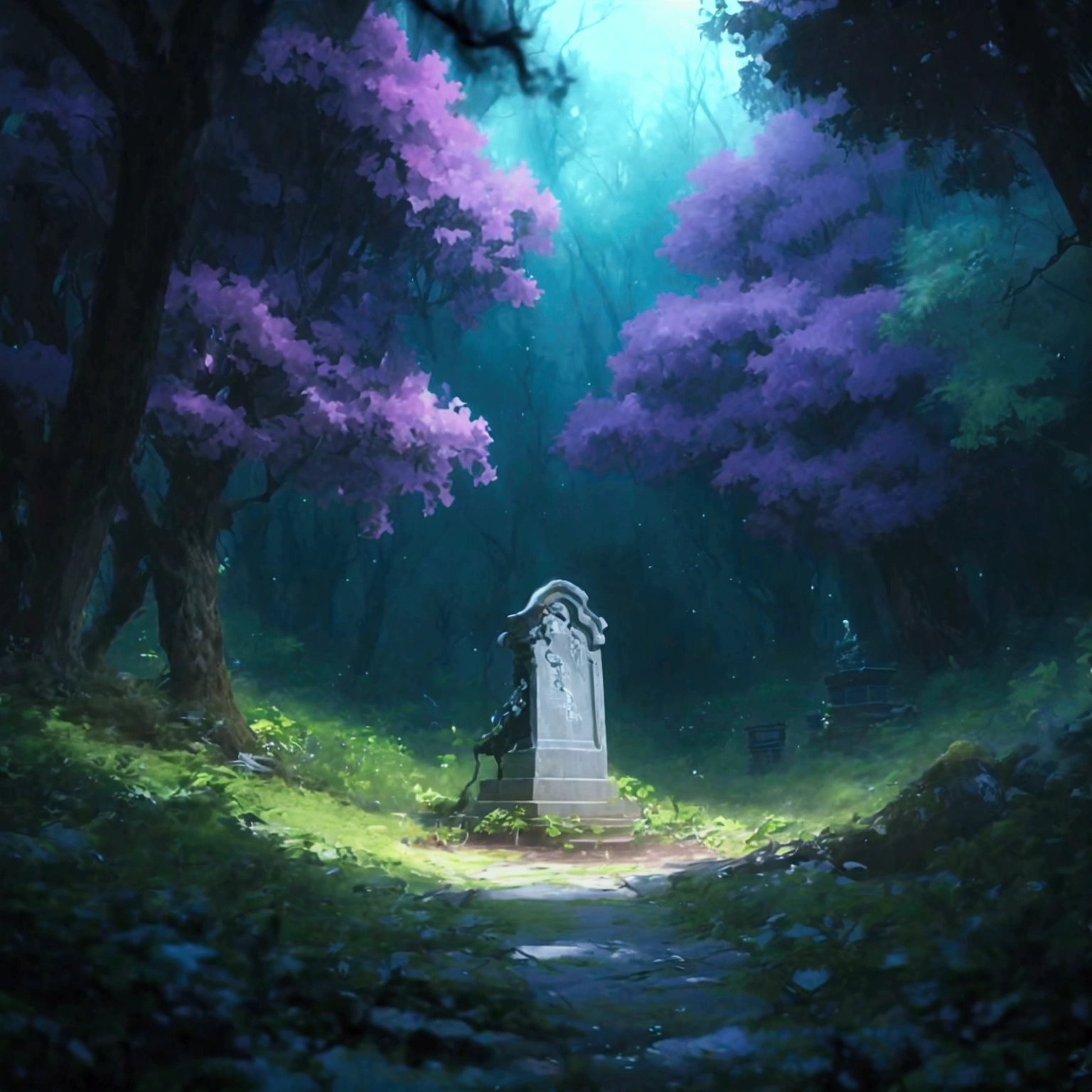 Beautiful real forest with one grave top angle view real, dark atmosphere, dark world, anime vibe, The theme is mystical, mysterious and dark, with elements that evoke a parallel or supernatural world. Use dark and cool colors, como negro, purple, blue and shades of gray, to create an atmosphere of mystery and suspense. The art should convey the feeling of dark adventure and the transition between the two worlds