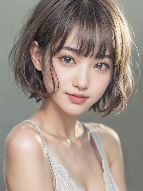 Young Japanese woman, 30s, white background, simple background, short bob hair, slender, 4K, 8K medium, high resolution, beautiful woman, beautiful eyes, simple, high resolution, alone, beautiful skin, beautiful skin, Smile, relax, nipple slip, nsfw