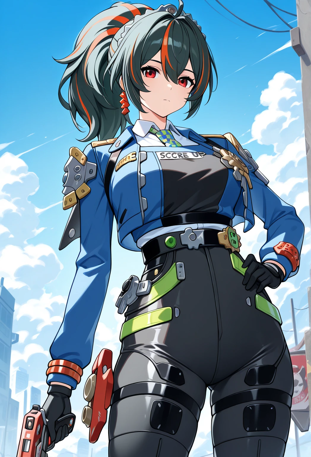 masterpiece, best quality, Alone, 1girl, zhu yuan, expressionless, looking at viewer, standing, holding gun, handgun, hand up, hand on own hip, ponytail, red eyes, police uniform, blue jacket, cropped jacket, open jacket, long sleeves, black gloves, black vest, white shirt, collared shirt, checkered necktie, black pants, tight pants, high-waist pants, outdoors, blue sky, cloud, città
Hoshimiya