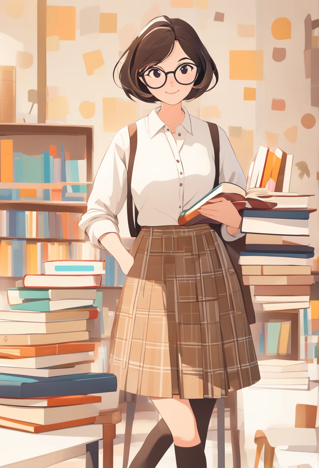 A stylized illustration of a warm and friendly female teacher figure. She has short, dark hair, wears round glasses, and is holding a stack of books in one hand and a single book in the other. She’s dressed in a white blouse, a brown cardigan, and a plaid skirt. The overall atmosphere is bright and inviting, with soft lighting and a clean, minimalistic background. The style should be smooth, cute, and modern, like a charming educational mascot.