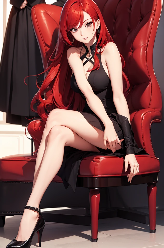 NFSW,{{high qualiy}}, {{masterpiece}}, {{{giantess art}}}, red hair woman, black gown, Red High Heels, with pantyhose, in town, saint with crossed legs