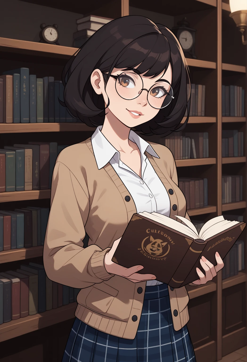 A stylized illustration of a warm and friendly female teacher figure. She has short, dark hair, wears round glasses, and is holding a stack of books in one hand and a single book in the other. She’s dressed in a white blouse, a brown cardigan, and a plaid skirt. The overall atmosphere is bright and inviting, with soft lighting and a clean, minimalistic background. The style should be smooth, cute, and modern, like a charming educational mascot.