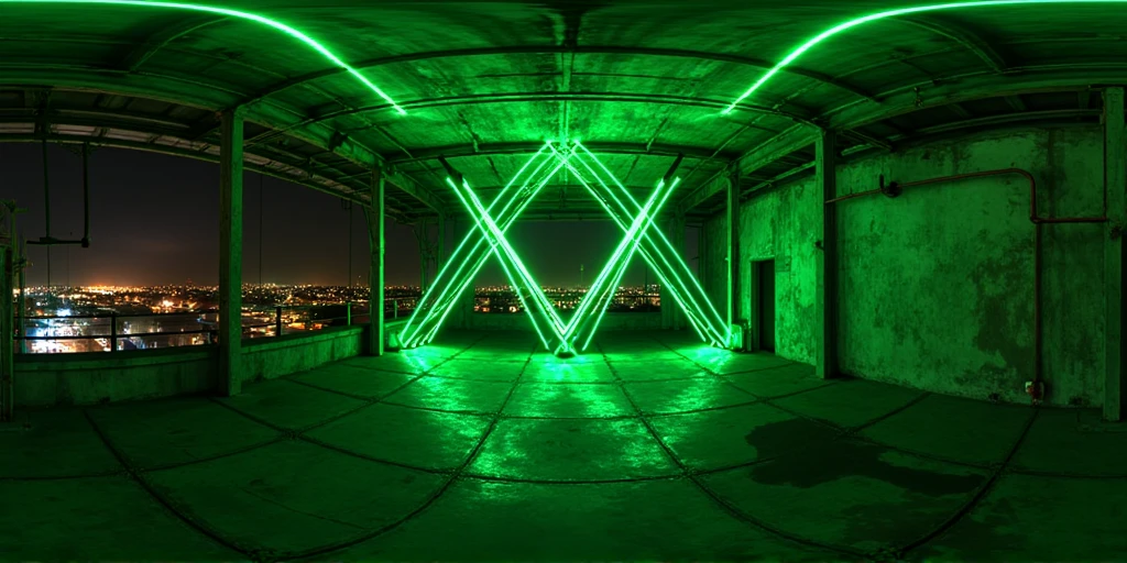  360HDR, 360 degrees, vr,    A perfect panoramic view of a future   ,    industrial warehouse on the roof illuminated by crossed green laser beams  .    The lasers intersect in a precise geometric pattern   ,    casting an ominous green light across space   .    The industrial porch environment features exposed beams   , concrete walls,  and high ceiling   ,    uncovered area   ,    view of the city at night creating a vast   , Open environment   .    The atmosphere seems like a high-tech nightclub installation or an immersive art exhibition,    with rays reflecting on metallic surfaces and faint   ,   fog adding depth to light effects   .

