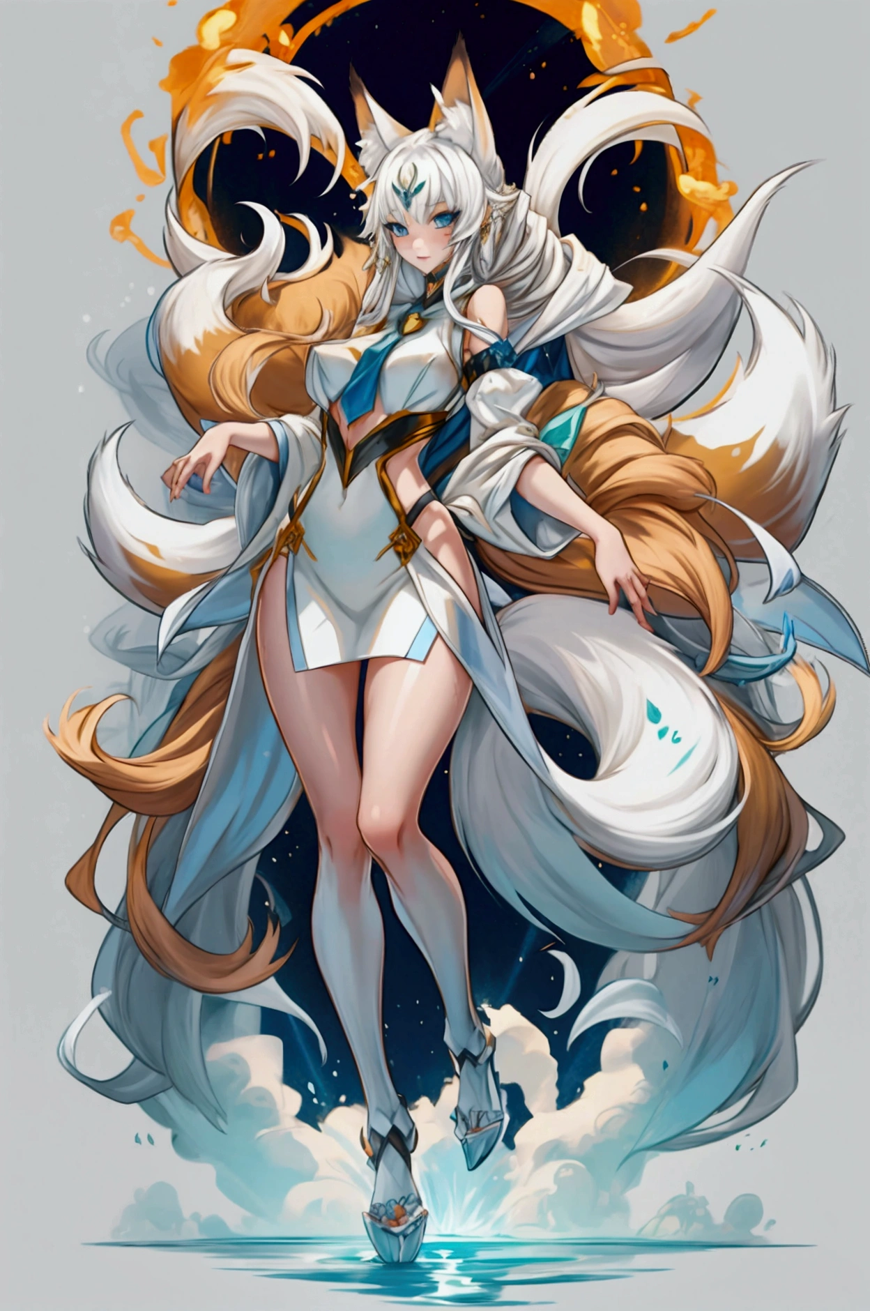 A girl with a body of the fox, white long hair, 2 tails