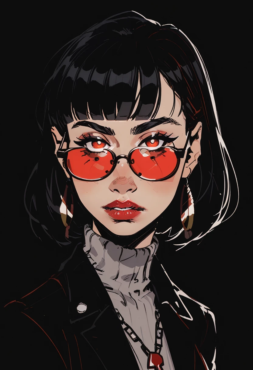 1girl, jewelry, solo, earrings, black hair, red eyes, looking at viewer, necklace, short hair, tinted eyewear, parted lips, glowing, red lips, sunglasses, jacket, bob cut, turtleneck, black jacket, hoop earrings, red-tinted eyewear, makeup, black background, upper body, shirt, glowing eyes, lips, portrait, round eyewear, white shirt, glasses, pendant, simple background, eyelashes, lipstick, teeth, sweater, blunt bangs, grey shirt, score_9, score_8_up, score_8_up, a_Comic_Illustration, rough lines with ink, (drawn:1.1), (sketch:1.5), (crosshatching:1.25), (comic style:1.1), graphic novel style, sharp lines, hires, zstyle, (western comics \(style\):1.1), (hatching \(texture\):1.2), zPDXL, Mr_Monster_Possitive, beautiful detailed eyes, extreme details eyes,  perfect anatomy,, 1girl, thighs, cowboy shot