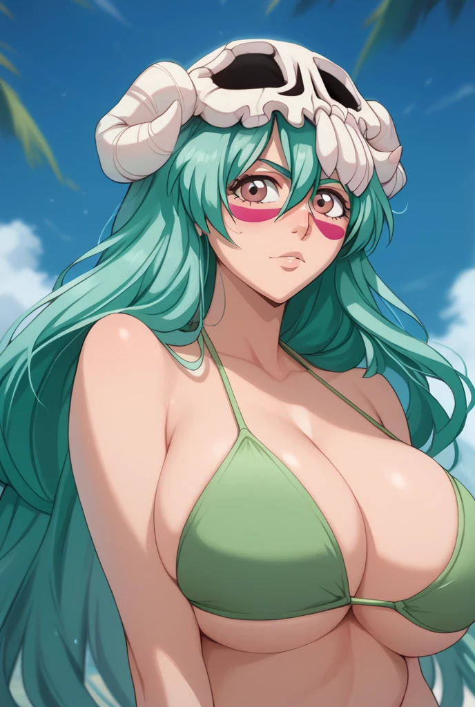 nelliel tu odelschwanck, long hair, green hair, facial mark, skull, brown eyes, green hair, large breasts, green bikini