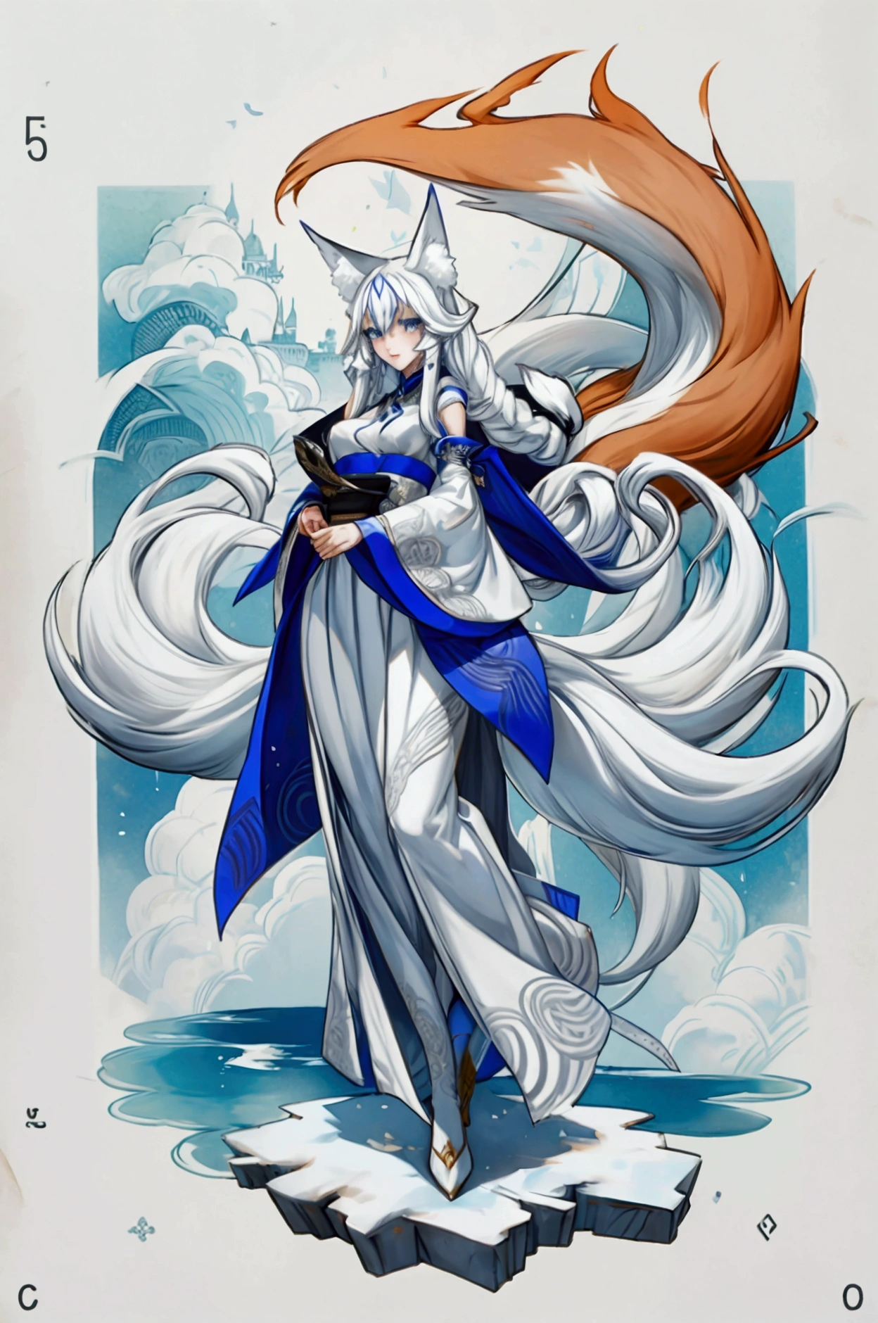 A girl with a body of the fox, white long hair, 2 tails, white clothes, high quality