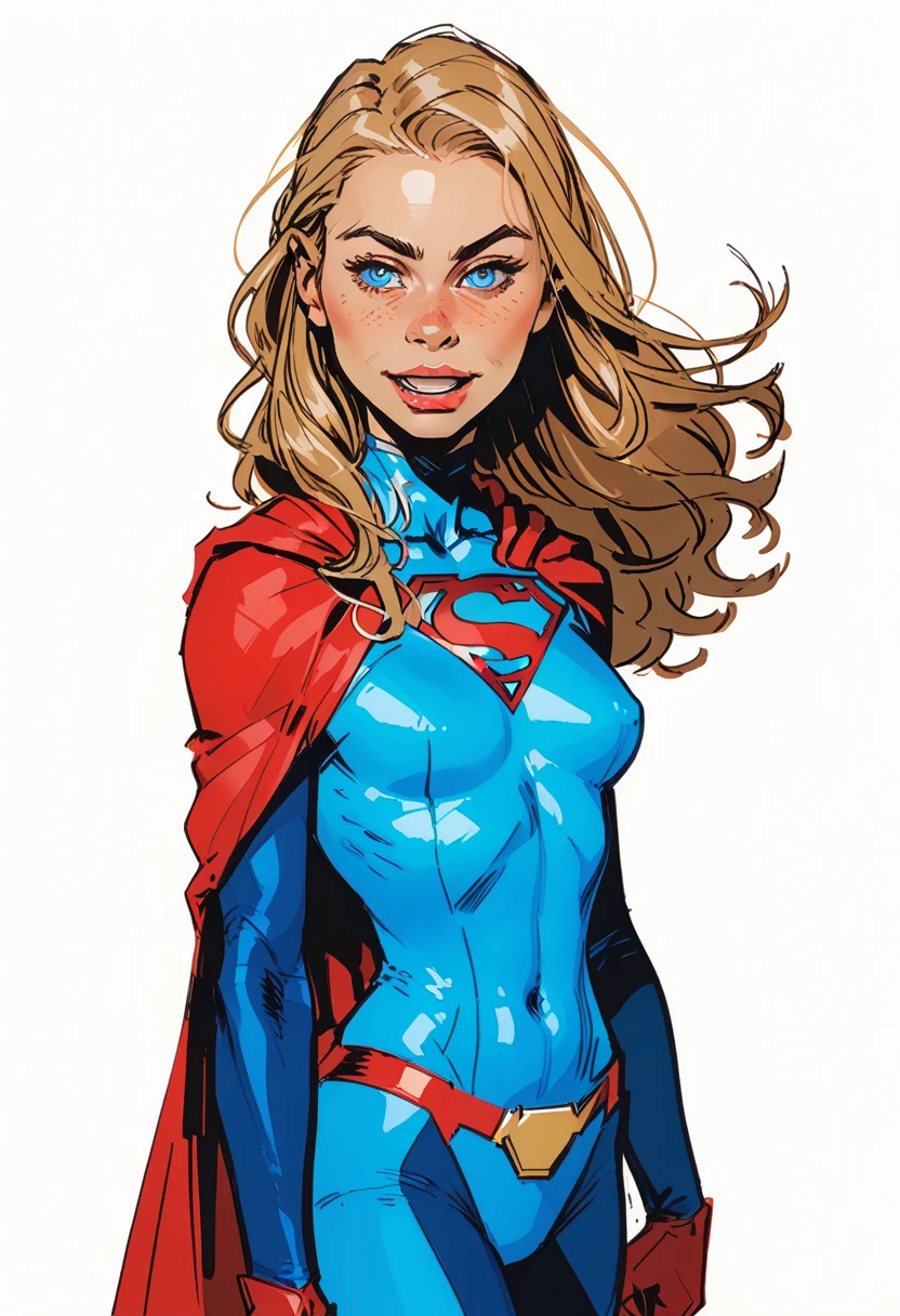 1girl, solo, blonde hair, blue eyes, cape, breasts, smile, looking at viewer, long hair, collarbone, superhero, red cape, white background, simple background, upper body, small breasts, bodysuit, blush, long sleeves, lips, medium breasts, closed mouth, grey background, open mouth
supergirl, S symbol, score_9, score_8_up, score_8_up, a_Comic_Illustration, rough lines with ink, (drawn:1.1), (sketch:1.5), (crosshatching:1.25), (comic style:1.1), graphic novel style, sharp lines, hires, zstyle, (western comics \(style\):1.1), (hatching \(texture\):1.2), zPDXL, Mr_Monster_Possitive, beautiful detailed eyes, extreme details eyes,  perfect anatomy,, 1girl, thighs, cowboy shot