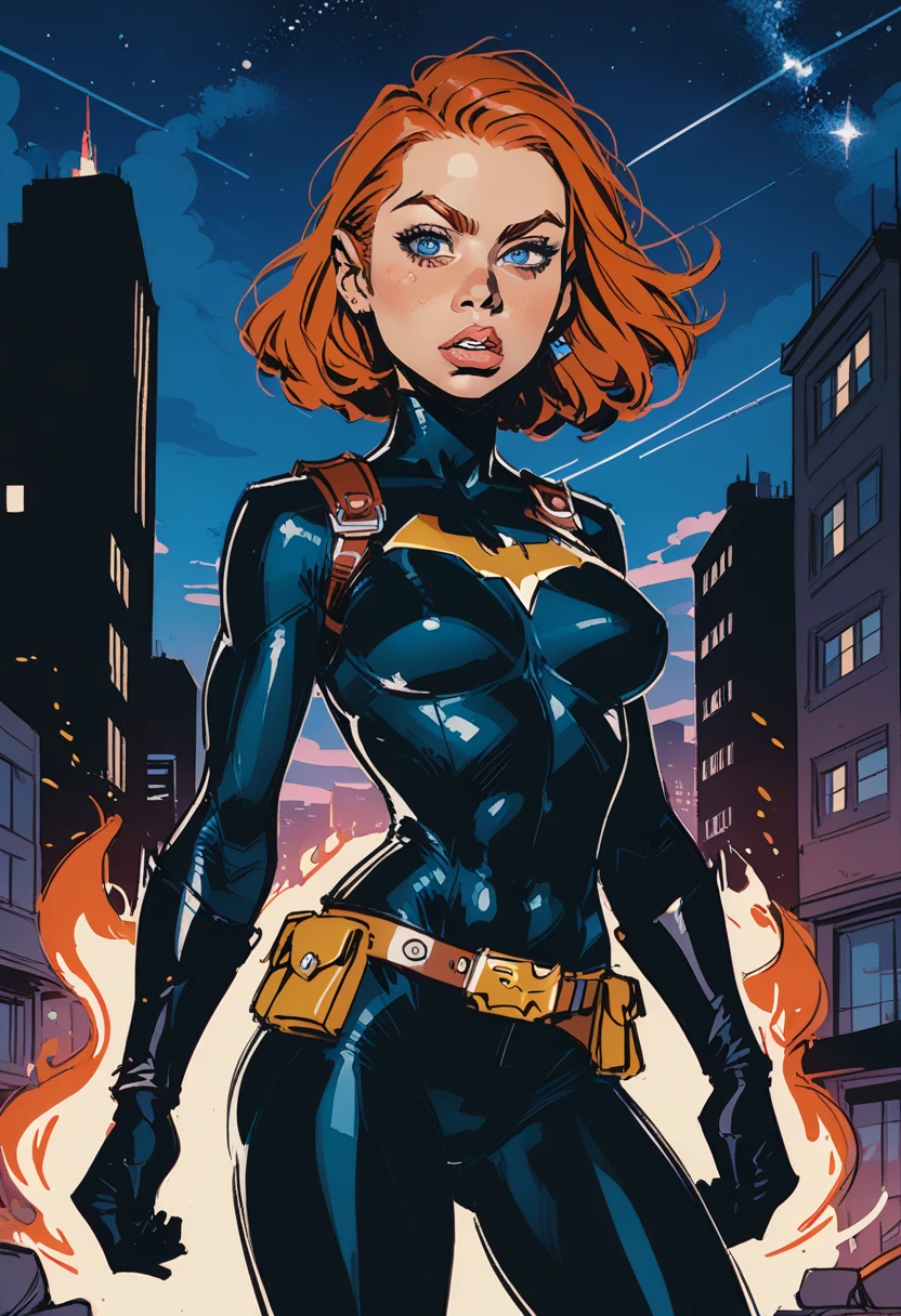 1girl, night, solo, jewelry, breasts, superhero, night sky, bodysuit, sky, earrings, looking at viewer, belt, fire, building, lips, medium breasts, blue eyes, orange hair, outdoors, parted lips, city, skin tight, stud earrings, black bodysuit, upper body, skyscraper, star \(sky\), teeth, cityscape, brown belt, cloud, short hair, long hair, utility belt, red hair, medium hair
batgirl, score_9, score_8_up, score_8_up, a_Comic_Illustration, rough lines with ink, (drawn:1.1), (sketch:1.5), (crosshatching:1.25), (comic style:1.1), graphic novel style, sharp lines, hires, zstyle, (western comics \(style\):1.1), (hatching \(texture\):1.2), zPDXL, Mr_Monster_Possitive, beautiful detailed eyes, extreme details eyes,  perfect anatomy,, 1girl, thighs, cowboy shot