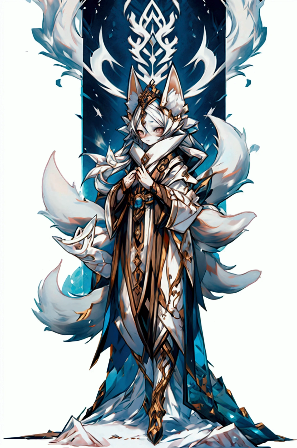 A girl with a body of the fox, white long hair, with 2 tails, high quality