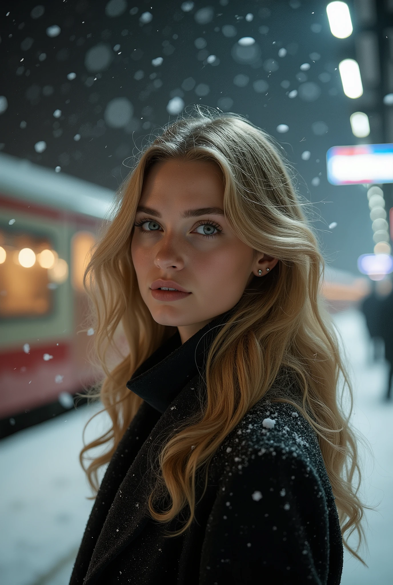 Blond woman with long hair standing in front of a train in the snow ...