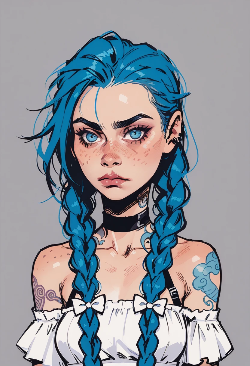 1girl, solo, long hair, freckles, braid, grey background, tattoo, arm tattoo, choker, blue hair, artist name, hair bow, bow, alternate costume, blue eyes, collarbone, bare shoulders, white bow, black choker, twin braids, white dress, dress, upper body, piercing, shoulder tattoo, closed mouth, asymmetrical bangs, character name, breasts, , jinx (league of legends), s1_dram, zPDXL3, detailxl,  Score_PnyReal,