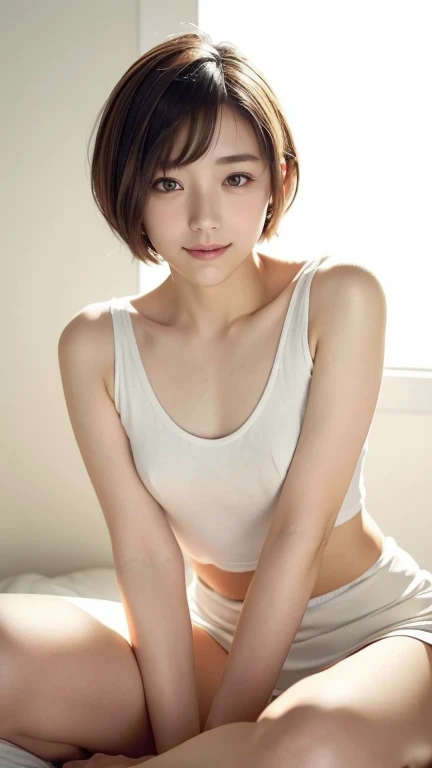 short-cut hair,short-cut hair,Beautiful,K-pop idol,japanese idol,Japanese actress,high resolution,Beautiful skin,8k,RAW photo,best quality,masterpiece,realistic,photo-realistic,clear,professional lighting,beautiful face,best quality,ultra high res,whole body,sexy,beautiful legs,beautiful row of teeth, beautiful lips,smile,Denim shorts,