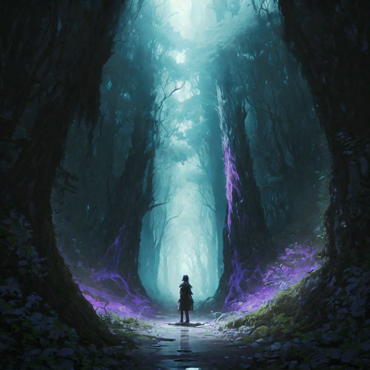 Beautiful real forest with one standing person top angle view real, dark atmosphere, dark world, anime vibe, The theme is mystical, mysterious and dark, with elements that evoke a parallel or supernatural world. The passage may be hidden in a dense forest or between rock formations., with fog or ghostly lights around. On the other side of the passage, a glimpse of the magical world must be shown, with surreal or fantastic landscapes, but without revealing everything, keeping the mystery. Use dark and cool colors, como negro, purple, blue and shades of gray, to create an atmosphere of mystery and suspense. The human figure may have its back to the reader, about to cross the portal, in a posture of hesitation or curiosity. The art should convey the feeling of dark adventure and the transition between the two worlds